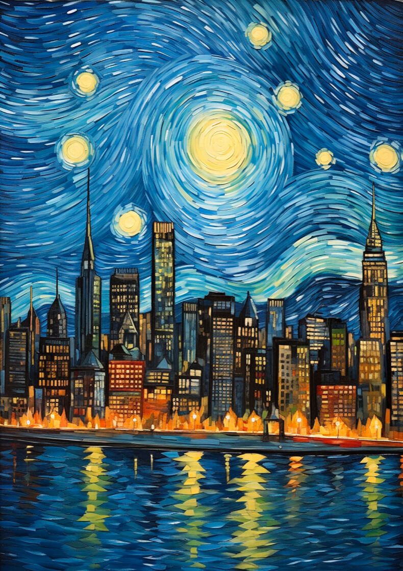 Van Goghs Sternennacht, das die Skyline von New York zeigt