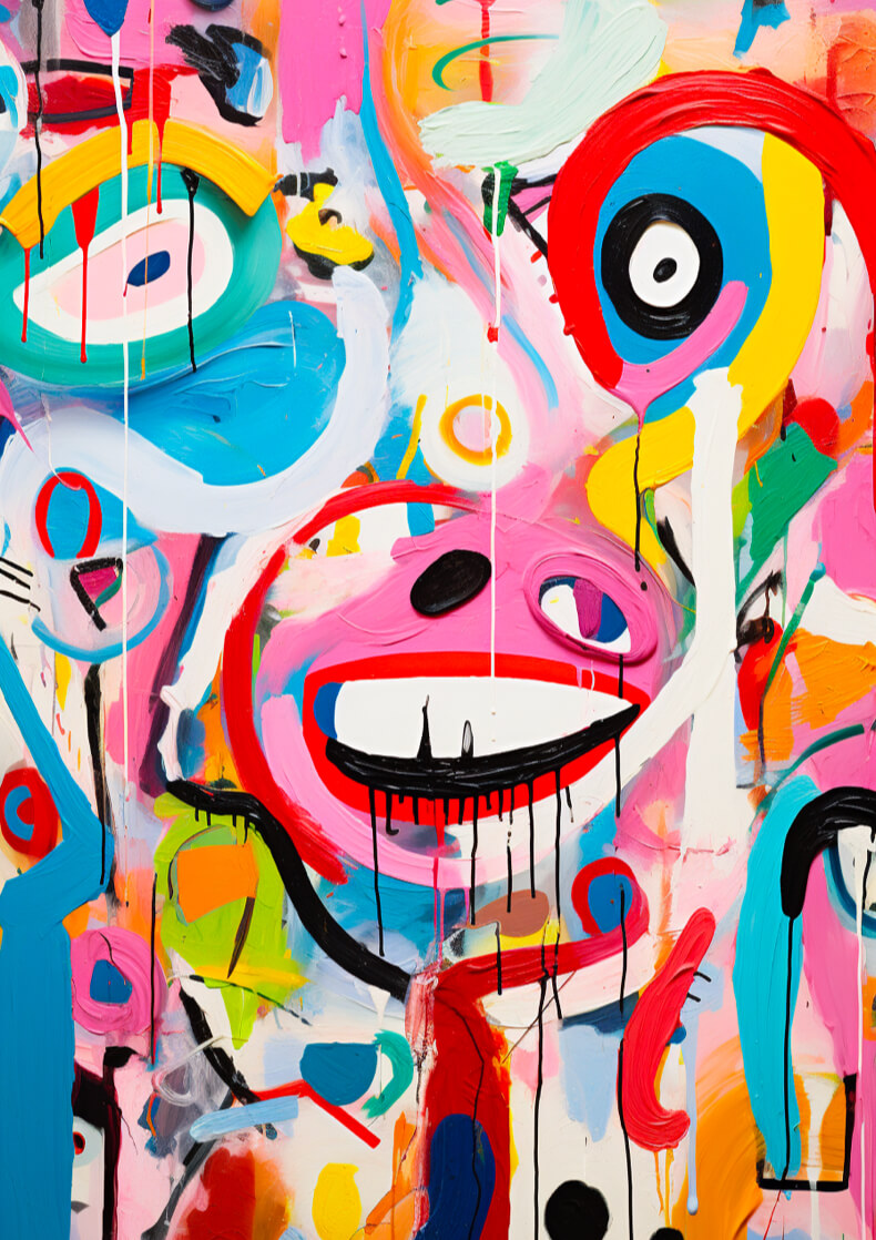 Zeitgenössische Kunst, abstraktes Ölgemälde, beruhigende Farben, inspiriert von Karel Appel und Banksy